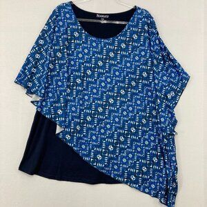 Roaman's size 1X Blue Geometric Crew Neck Flowy Artsy Layered Blouse Elegant